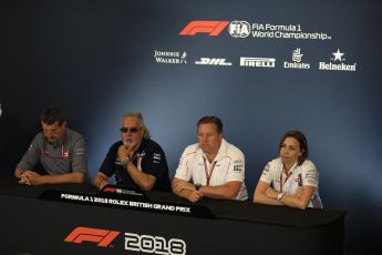 World © Octane Photographic Ltd. Formula 1 - British GP - Friday FIA Team Press Conference. Zak Brown - Executive Director of McLaren Technology Group, Claire Williams - Deputy Team Principal of Williams Martini Racing, Vijay Mallya - Shareholder and Team Principal of Sahara Force India and Guenther Steiner  - Team Principal of Haas F1 Team. Silverstone Circuit, Towcester, UK. Friday 6th July 2018.