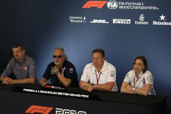 World © Octane Photographic Ltd. Formula 1 - British GP - Friday FIA Team Press Conference. Zak Brown - Executive Director of McLaren Technology Group, Claire Williams - Deputy Team Principal of Williams Martini Racing, Vijay Mallya - Shareholder and Team Principal of Sahara Force India and Guenther Steiner  - Team Principal of Haas F1 Team. Silverstone Circuit, Towcester, UK. Friday 6th July 2018.