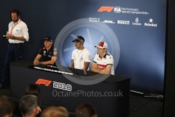 World © Octane Photographic Ltd. Formula 1 – British GP - Press Conference. Aston Martin Red Bull Racing TAG Heuer - Max Verstappen, Mercedes AMG Petronas Motorsport AMG F1 W09 EQ Power+ - Lewis Hamilton and Alfa Romeo Sauber F1 Team – Charles Leclerc. Silverstone Circuit, Towcester, UK. Thursday 5th July 2018.