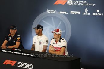 World © Octane Photographic Ltd. Formula 1 – British GP - Press Conference. Aston Martin Red Bull Racing TAG Heuer - Max Verstappen, Mercedes AMG Petronas Motorsport AMG F1 W09 EQ Power+ - Lewis Hamilton and Alfa Romeo Sauber F1 Team – Charles Leclerc. Silverstone Circuit, Towcester, UK. Thursday 5th July 2018.