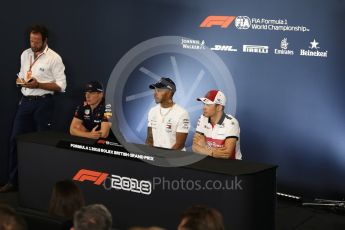 World © Octane Photographic Ltd. Formula 1 – British GP - Press Conference. Aston Martin Red Bull Racing TAG Heuer - Max Verstappen, Mercedes AMG Petronas Motorsport AMG F1 W09 EQ Power+ - Lewis Hamilton and Alfa Romeo Sauber F1 Team – Charles Leclerc. Silverstone Circuit, Towcester, UK. Thursday 5th July 2018.