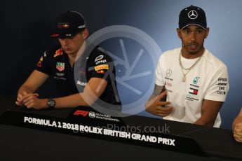 World © Octane Photographic Ltd. Formula 1 – British GP - Press Conference. Aston Martin Red Bull Racing TAG Heuer - Max Verstappen and Mercedes AMG Petronas Motorsport AMG F1 W09 EQ Power+ - Lewis Hamilton. Silverstone Circuit, Towcester, UK. Thursday 5th July 2018.