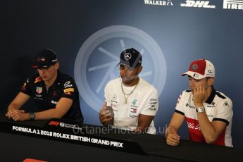 World © Octane Photographic Ltd. Formula 1 – British GP - Press Conference. Aston Martin Red Bull Racing TAG Heuer - Max Verstappen, Mercedes AMG Petronas Motorsport AMG F1 W09 EQ Power+ - Lewis Hamilton and Alfa Romeo Sauber F1 Team – Charles Leclerc. Silverstone Circuit, Towcester, UK. Thursday 5th July 2018.