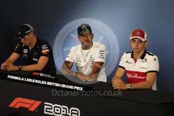 World © Octane Photographic Ltd. Formula 1 – British GP - Press Conference. Aston Martin Red Bull Racing TAG Heuer - Max Verstappen, Mercedes AMG Petronas Motorsport AMG F1 W09 EQ Power+ - Lewis Hamilton and Alfa Romeo Sauber F1 Team – Charles Leclerc. Silverstone Circuit, Towcester, UK. Thursday 5th July 2018.