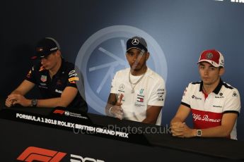 World © Octane Photographic Ltd. Formula 1 – British GP - Press Conference. Aston Martin Red Bull Racing TAG Heuer - Max Verstappen, Mercedes AMG Petronas Motorsport AMG F1 W09 EQ Power+ - Lewis Hamilton and Alfa Romeo Sauber F1 Team – Charles Leclerc. Silverstone Circuit, Towcester, UK. Thursday 5th July 2018.