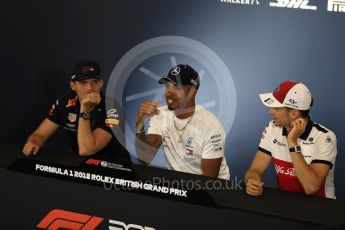World © Octane Photographic Ltd. Formula 1 – British GP - Press Conference. Aston Martin Red Bull Racing TAG Heuer - Max Verstappen, Mercedes AMG Petronas Motorsport AMG F1 W09 EQ Power+ - Lewis Hamilton and Alfa Romeo Sauber F1 Team – Charles Leclerc. Silverstone Circuit, Towcester, UK. Thursday 5th July 2018.