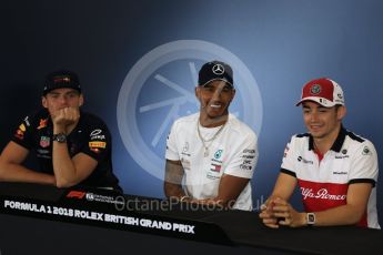 World © Octane Photographic Ltd. Formula 1 – British GP - Press Conference. Aston Martin Red Bull Racing TAG Heuer - Max Verstappen, Mercedes AMG Petronas Motorsport AMG F1 W09 EQ Power+ - Lewis Hamilton and Alfa Romeo Sauber F1 Team – Charles Leclerc. Silverstone Circuit, Towcester, UK. Thursday 5th July 2018.