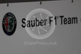 World © Octane Photographic Ltd. Formula 1 – British GP - Pit Lane. Alfa Romeo Sauber F1 Team logo. Silverstone Circuit, Towcester, UK. Thursday 5th July 2018.