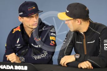 World © Octane Photographic Ltd. Formula 1 – Canadian GP - Thursday Driver Press Conference. Aston Martin Red Bull Racing TAG Heuer - Max Verstappen and McLaren – Stoffel Vandoorne. Circuit Gilles Villeneuve, Montreal, Canada. Thursday 7th June 2018.