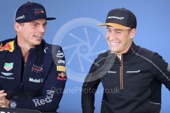 World © Octane Photographic Ltd. Formula 1 – Canadian GP - Thursday Driver Press Conference. Aston Martin Red Bull Racing TAG Heuer - Max Verstappen and McLaren – Stoffel Vandoorne. Circuit Gilles Villeneuve, Montreal, Canada. Thursday 7th June 2018.