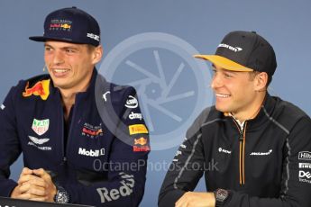 World © Octane Photographic Ltd. Formula 1 – Canadian GP - Thursday Driver Press Conference. Aston Martin Red Bull Racing TAG Heuer - Max Verstappen and McLaren – Stoffel Vandoorne. Circuit Gilles Villeneuve, Montreal, Canada. Thursday 7th June 2018.