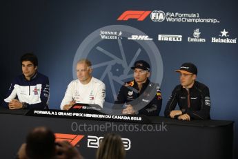 World © Octane Photographic Ltd. Formula 1 – Canadian GP - Thursday Driver Press Conference. Williams Martini Racing – Lance Stroll, Mercedes AMG Petronas Motorsport AMG F1 W09 EQ Power+ - Valtteri Bottas, Aston Martin Red Bull Racing TAG Heuer - Max Verstappen and McLaren – Stoffel Vandoorne. Circuit Gilles Villeneuve, Montreal, Canada. Thursday 7th June 2018.