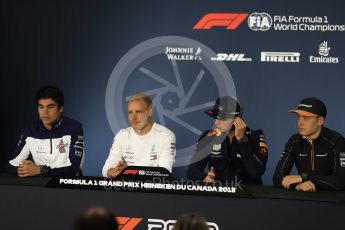 World © Octane Photographic Ltd. Formula 1 – Canadian GP - Thursday Driver Press Conference. Williams Martini Racing – Lance Stroll, Mercedes AMG Petronas Motorsport AMG F1 W09 EQ Power+ - Valtteri Bottas, Aston Martin Red Bull Racing TAG Heuer - Max Verstappen and McLaren – Stoffel Vandoorne. Circuit Gilles Villeneuve, Montreal, Canada. Thursday 7th June 2018.