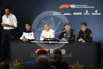 World © Octane Photographic Ltd. Formula 1 – Canadian GP - Thursday Driver Press Conference. Williams Martini Racing – Lance Stroll, Mercedes AMG Petronas Motorsport AMG F1 W09 EQ Power+ - Valtteri Bottas, Aston Martin Red Bull Racing TAG Heuer - Max Verstappen and McLaren – Stoffel Vandoorne. Circuit Gilles Villeneuve, Montreal, Canada. Thursday 7th June 2018.