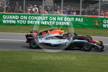 World © Octane Photographic Ltd. Formula 1 – Canadian GP - Race. Mercedes AMG Petronas Motorsport AMG F1 W09 EQ Power+ - Valtteri Bottas and Aston Martin Red Bull Racing TAG Heuer RB14 – Max Verstappen. Circuit Gilles Villeneuve, Montreal, Canada. Sunday 10th June 2018.