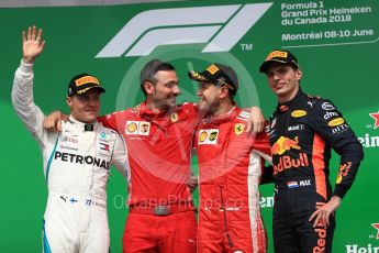 World © Octane Photographic Ltd. Formula 1 – Canadian GP - Race Podium. Scuderia Ferrari SF71-H – Sebastian Vettel, Mercedes AMG Petronas Motorsport AMG F1 W09 EQ Power+ - Valtteri Bottas and Aston Martin Red Bull Racing TAG Heuer RB14 – Max Verstappen. Circuit Gilles Villeneuve, Montreal, Canada. Sunday 10th June 2018.