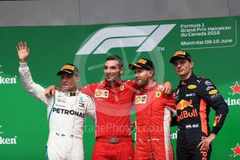 World © Octane Photographic Ltd. Formula 1 – Canadian GP - Race Podium. Scuderia Ferrari SF71-H – Sebastian Vettel, Mercedes AMG Petronas Motorsport AMG F1 W09 EQ Power+ - Valtteri Bottas and Aston Martin Red Bull Racing TAG Heuer RB14 – Max Verstappen. Circuit Gilles Villeneuve, Montreal, Canada. Sunday 10th June 2018.