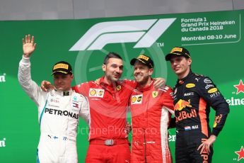 World © Octane Photographic Ltd. Formula 1 – Canadian GP - Race Podium. Scuderia Ferrari SF71-H – Sebastian Vettel, Mercedes AMG Petronas Motorsport AMG F1 W09 EQ Power+ - Valtteri Bottas and Aston Martin Red Bull Racing TAG Heuer RB14 – Max Verstappen. Circuit Gilles Villeneuve, Montreal, Canada. Sunday 10th June 2018.