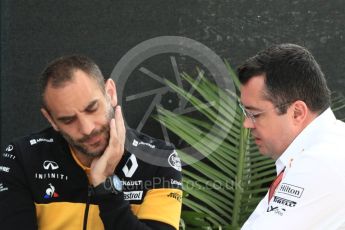 World © Octane Photographic Ltd. Formula 1 - Canadian GP - Paddock. Eric Boullier - Racing Director of McLaren Honda and Cyril Abiteboul - Managing Director of Renault Sport Racing Formula 1 Team. Circuit Gilles Villeneuve, Montreal, Canada. Saturday 9th June 2018.