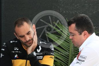 World © Octane Photographic Ltd. Formula 1 - Canadian GP - Paddock. Eric Boullier - Racing Director of McLaren Honda and Cyril Abiteboul - Managing Director of Renault Sport Racing Formula 1 Team. Circuit Gilles Villeneuve, Montreal, Canada. Saturday 9th June 2018.