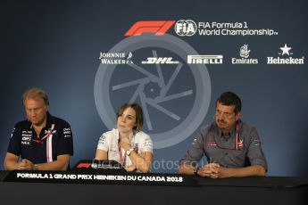 World © Octane Photographic Ltd. Formula 1 - Canadian GP - Friday FIA Team Press Conference. Robert Fernley - Deputy Team Principal of Sahara Force India, Claire Williams - Deputy Team Principal of Williams Martini Racing and Guenther Steiner - Team Principal of Haas F1 Team. Circuit Gilles Villeneuve, Montreal, Canada. Friday 8th June 2018.