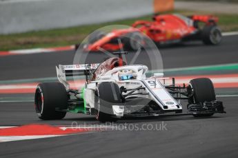 World © Octane Photographic Ltd. Formula 1 – Winter Test 1. C37 – Marcus Ericsson and Scuderia Ferrari SF71-H – Kimi Raikkonen. Circuit de Barcelona-Catalunya, Spain. Monday 26th February 2018.