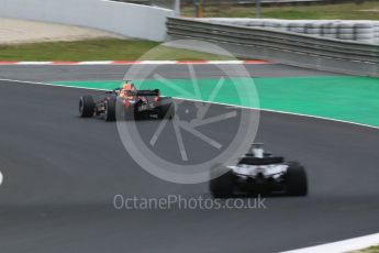 World © Octane Photographic Ltd. Formula 1 – Winter Test 1. Aston Martin Red Bull Racing TAG Heuer RB14 – Daniel Ricciardo and Mercedes AMG Petronas Motorsport AMG F1 W09 EQ Power+ - Lewis Hamilton.. Circuit de Barcelona-Catalunya, Spain. Monday 26th February 2018.