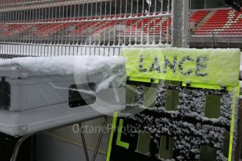 World © Octane Photographic Ltd. Formula 1 – Winter Test 1 – The 3rd day starts with snowfall at the circuit. Circuit de Barcelona-Catalunya, Spain. Wednesday 28th February 2018.