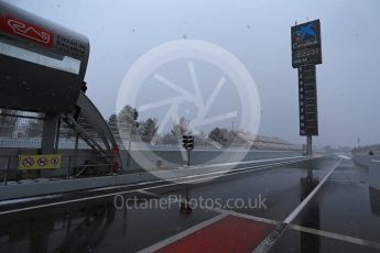 World © Octane Photographic Ltd. Formula 1 – Winter Test 1 – The 3rd day starts with snowfall at the circuit. Circuit de Barcelona-Catalunya, Spain. Wednesday 28th February 2018.
