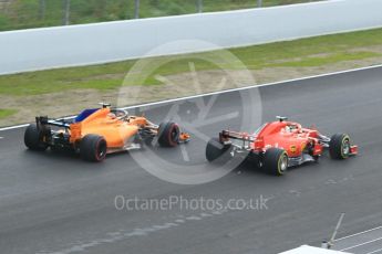 World © Octane Photographic Ltd. Formula 1 – Winter Test 1. McLaren MCL33 – Stoffel Vandoorne and Scuderia Ferrari SF71-H – Sebastian Vettel. Circuit de Barcelona-Catalunya, Spain. Thursday 1st March 2018.