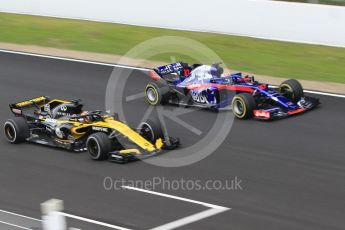 World © Octane Photographic Ltd. Formula 1 – Winter Test 1. Scuderia Toro Rosso STR13 – Pierre Gasly and Renault Sport F1 Team RS18 – Nico Hulkenberg. Circuit de Barcelona-Catalunya, Spain. Thursday 1st March 2018.