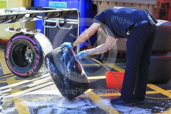 World © Octane Photographic Ltd. Formula 1 – Winter Test 2. Aston Martin Red Bull Racing TAG Heuer RB14 tyres getting washed. Circuit de Barcelona-Catalunya, Spain. Tuesday 6th March 2018.