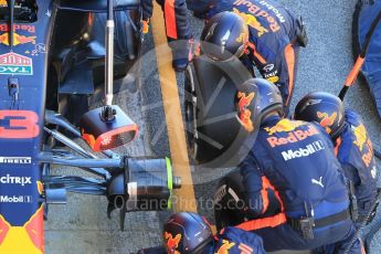 World © Octane Photographic Ltd. Formula 1 – Winter Test 2. Aston Martin Red Bull Racing TAG Heuer RB14 pit stop practice – Daniel Ricciardo. Circuit de Barcelona-Catalunya, Spain. Wednesday 7th March 2018.