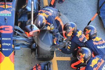 World © Octane Photographic Ltd. Formula 1 – Winter Test 2. Aston Martin Red Bull Racing TAG Heuer RB14 pit stop practice – Daniel Ricciardo. Circuit de Barcelona-Catalunya, Spain. Wednesday 7th March 2018.