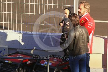 World © Octane Photographic Ltd. Formula 1 – Winter Test 2. Scuderia Ferrari – Kimi Raikkonen’s wife, Minttu Virtanen and son Robin Raikkonen. Circuit de Barcelona-Catalunya, Spain. Wednesday 7th March 2018.