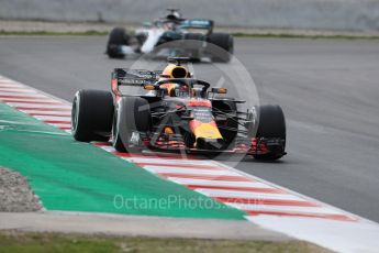 World © Octane Photographic Ltd. Formula 1 – Winter Test 2. Aston Martin Red Bull Racing TAG Heuer RB14 – Max Verstappen and Mercedes AMG Petronas Motorsport AMG F1 W09 EQ Power+ - Lewis Hamilton. Circuit de Barcelona-Catalunya, Spain. Thursday 8th March 2018.