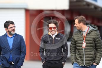 World © Octane Photographic Ltd. Formula 1 – Winter Test 2. McLaren MCL33 – Fernando Alonso, Luis Garcia Abad (Manager) and Alexander Wurz. Circuit de Barcelona-Catalunya, Spain. Thursday 8th March 2018.