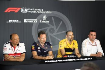 World © Octane Photographic Ltd. Formula 1 - French GP - Friday FIA Team Press Conference. Cyril Abiteboul - Managing Director of Renault Sport Racing Formula 1 Team, Eric Boullier - Racing Director of McLaren, Christian Horner - Team Principal of Red Bull Racing and Frederic Vasseur – Team Principal and CEO of Sauber Motorsport AG. Circuit Paul Ricard, Le Castellet, France. Friday 22nd June 2018.