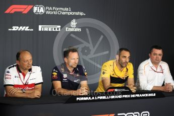 World © Octane Photographic Ltd. Formula 1 - French GP - Friday FIA Team Press Conference. Cyril Abiteboul - Managing Director of Renault Sport Racing Formula 1 Team, Eric Boullier - Racing Director of McLaren, Christian Horner - Team Principal of Red Bull Racing and Frederic Vasseur – Team Principal and CEO of Sauber Motorsport AG. Circuit Paul Ricard, Le Castellet, France. Friday 22nd June 2018.