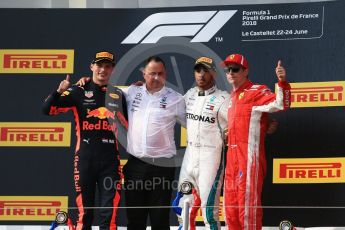 World © Octane Photographic Ltd. Formula 1 – French GP - Race Podium. Mercedes AMG Petronas Motorsport AMG F1 W09 EQ Power+ - Lewis Hamilton, Aston Martin Red Bull Racing TAG Heuer RB14 – Max Verstappen, Scuderia Ferrari SF71-H – Kimi Raikkonen and Ron Meadows - Mercedes AMG F1 Team Manager. Circuit Paul Ricard, Le Castellet, France. Sunday 24th June 2018.