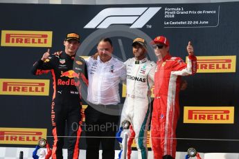 World © Octane Photographic Ltd. Formula 1 – French GP - Race Podium. Mercedes AMG Petronas Motorsport AMG F1 W09 EQ Power+ - Lewis Hamilton, Aston Martin Red Bull Racing TAG Heuer RB14 – Max Verstappen, Scuderia Ferrari SF71-H – Kimi Raikkonen and Ron Meadows - Mercedes AMG F1 Team Manager. Circuit Paul Ricard, Le Castellet, France. Sunday 24th June 2018.