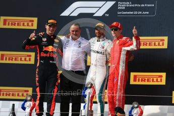 World © Octane Photographic Ltd. Formula 1 – French GP - Race Podium. Mercedes AMG Petronas Motorsport AMG F1 W09 EQ Power+ - Lewis Hamilton, Aston Martin Red Bull Racing TAG Heuer RB14 – Max Verstappen, Scuderia Ferrari SF71-H – Kimi Raikkonen and Ron Meadows - Mercedes AMG F1 Team Manager. Circuit Paul Ricard, Le Castellet, France. Sunday 24th June 2018.