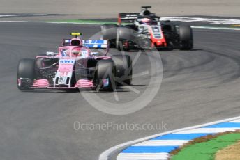 World © Octane Photographic Ltd. Formula 1 – German GP - Practice 2. Sahara Force India VJM11 - Esteban Ocon and Haas F1 Team VF-18 – Romain Grosjean. Hockenheimring, Baden-Wurttemberg, Germany. Friday 20th July 2018.