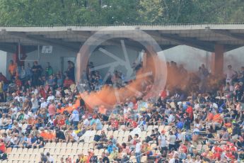 World © Octane Photographic Ltd. Formula 1 – German GP - Qualifying. Max Verstappen fans letting off a flare in the grandstand. Hockenheimring, Baden-Wurttemberg, Germany. Saturday 21st July 2018.
