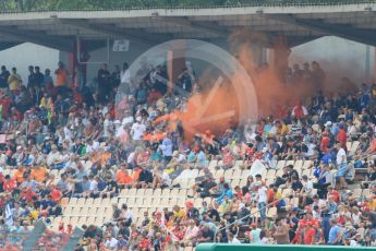 World © Octane Photographic Ltd. Formula 1 – German GP - Qualifying. Max Verstappen fans letting off a flare in the grandstand. Hockenheimring, Baden-Wurttemberg, Germany. Saturday 21st July 2018.