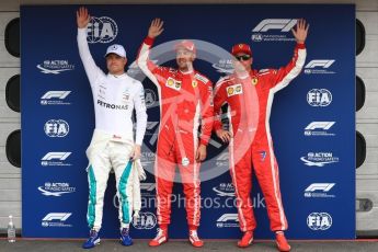World © Octane Photographic Ltd. Formula 1 – German GP - Qualifying. Scuderia Ferrari SF71-H – Sebastian Vettel (Pole) and Kimi Raikkonen (3rd) with Mercedes AMG Petronas Motorsport AMG F1 W09 EQ Power+ - Valtteri Bottas (2nd). Hockenheimring, Baden-Wurttemberg, Germany. Saturday 21st July 2018.