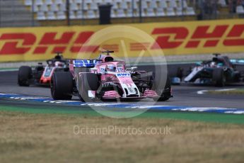 World © Octane Photographic Ltd. Formula 1 – German GP - Race. Sahara Force India VJM11 - Sergio Perez, Haas F1 Team VF-18 – Romain Grosjean and Mercedes AMG Petronas Motorsport AMG F1 W09 EQ Power+ - Lewis Hamilton. Hockenheimring, Baden-Wurttemberg, Germany. Sunday 22nd July 2018.