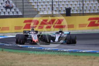 World © Octane Photographic Ltd. Formula 1 – German GP - Race. Haas F1 Team VF-18 – Romain Grosjean and Mercedes AMG Petronas Motorsport AMG F1 W09 EQ Power+ - Lewis Hamilton. Hockenheimring, Baden-Wurttemberg, Germany. Sunday 22nd July 2018.