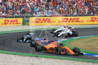 World © Octane Photographic Ltd. Formula 1 – German GP - Race. McLaren MCL33 – Fernando Alonso and Sahara Force India VJM11 - Esteban Ocon, Mercedes AMG Petronas Motorsport AMG F1 W09 EQ Power+ - Lewis Hamilton, Williams Martini Racing FW41 – Sergey Sirotkin and Alfa Romeo Sauber F1 Team C37 – Marcus Ericsson. Hockenheimring, Baden-Wurttemberg, Germany. Sunday 22nd July 2018.