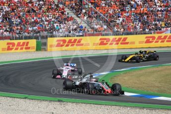 World © Octane Photographic Ltd. Formula 1 – German GP - Race. Haas F1 Team VF-18 – Romain Grosjean, Sahara Force India VJM11 - Sergio Perez and Renault Sport F1 Team RS18 – Carlos Sainz. Hockenheimring, Baden-Wurttemberg, Germany. Sunday 22nd July 2018.